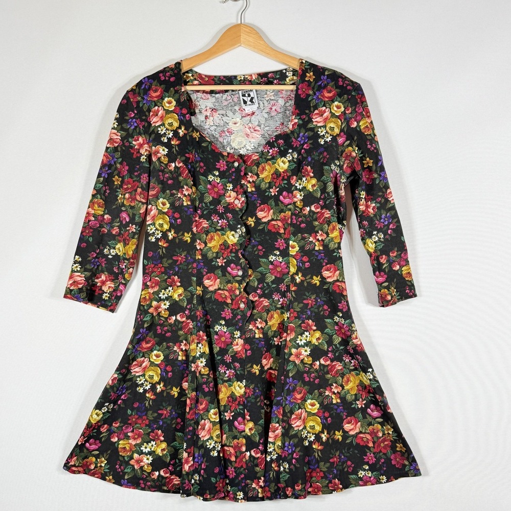 Vtg Zanoni by Jalate Large Dress Floral Mini Black‎ 90s Goth Grunge Dark Cottage